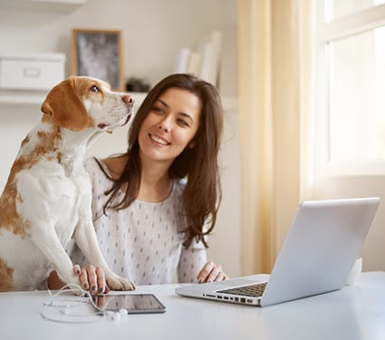 Woman playing with dog while sitting at home office